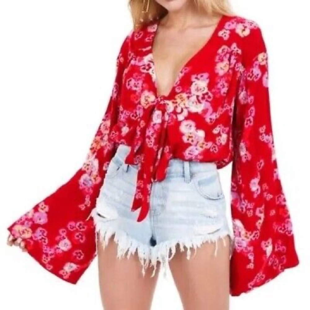 Free people red Forties feels bell sleeve floral Vneck bodysuit